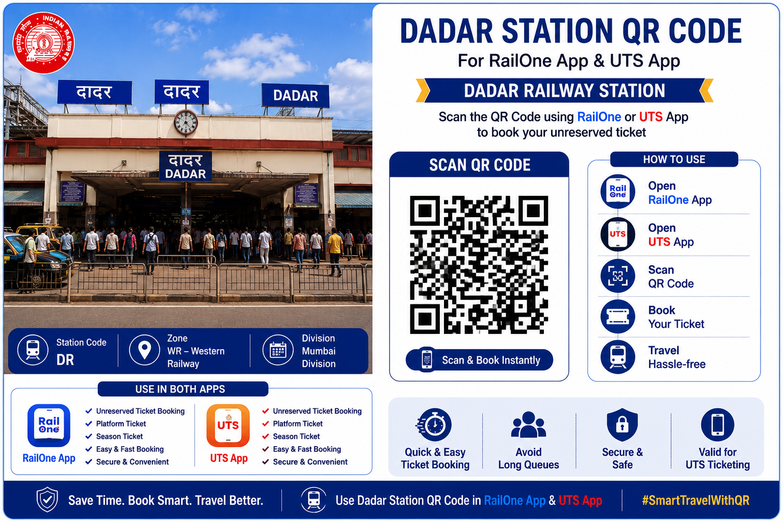 Dadar Station QR Code | Dadar Railway Station QR Code for RailOne & UTS